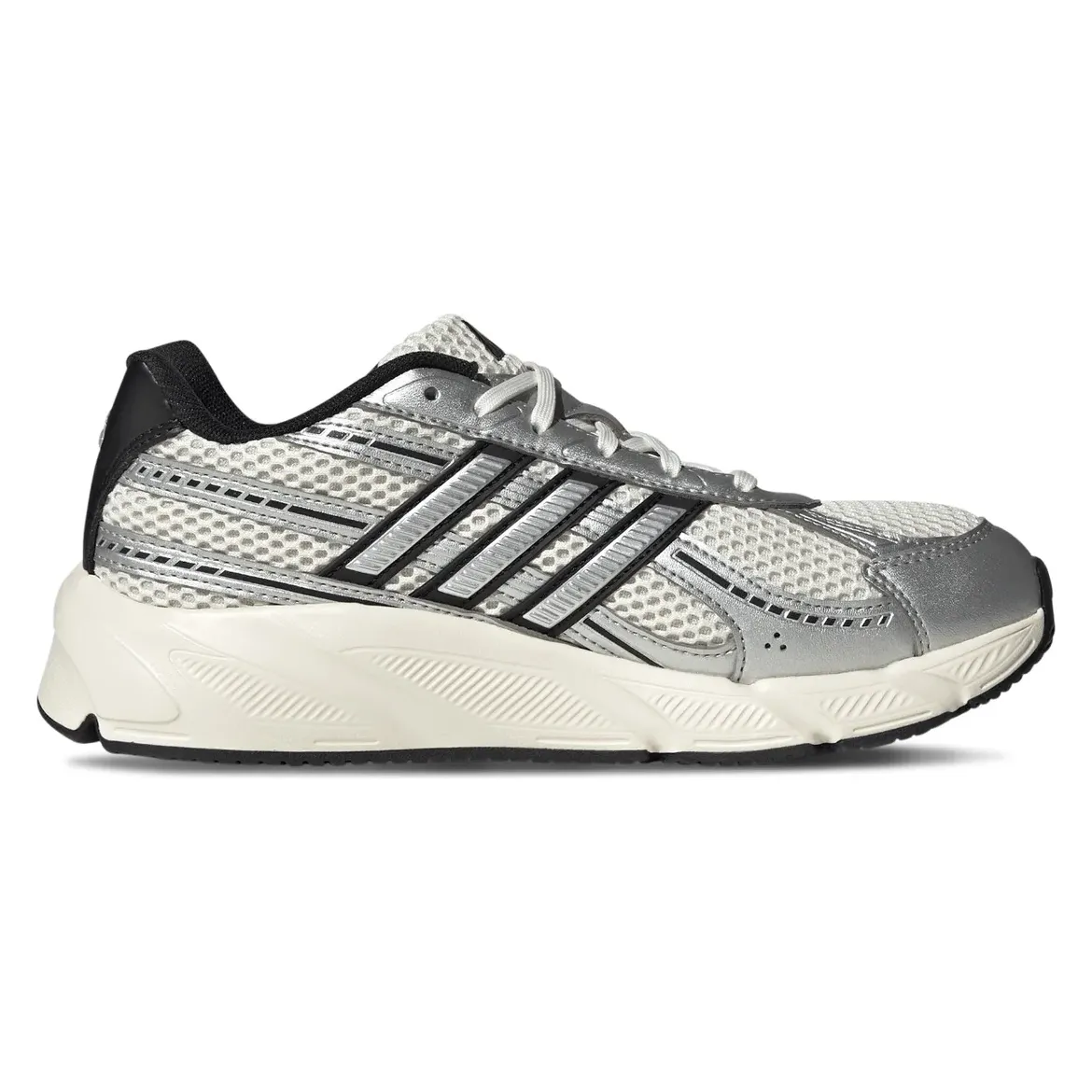 Tênis feminino Adidas Technochaos 2000 branco com detalhes prata metálico e preto, vista lateral direita, material mesh e sintético, solado em EVA e borracha.